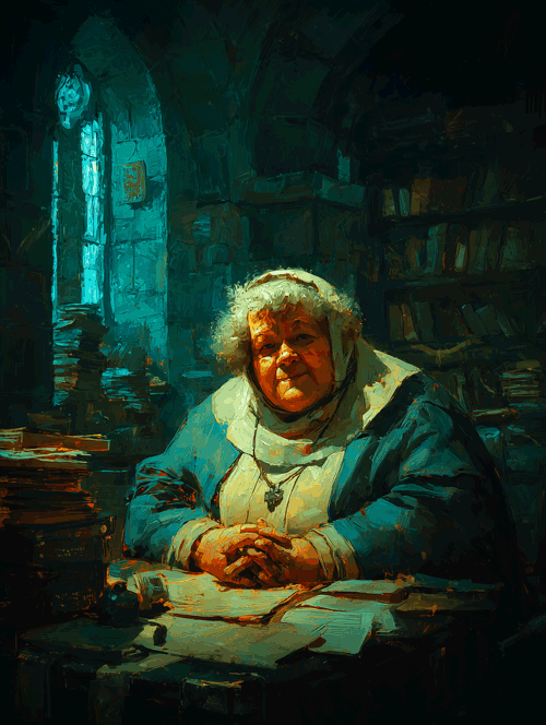 Nun Dewia of the Briðons, hands folded at her writing desk among books.