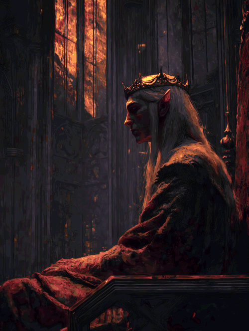 King Aldwynn of the Ælves, crowned and deep in thought on his throne.