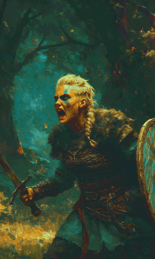 Shieldmaiden Ragnhild of the Víkingr, mid battle-cry with sword and shield.